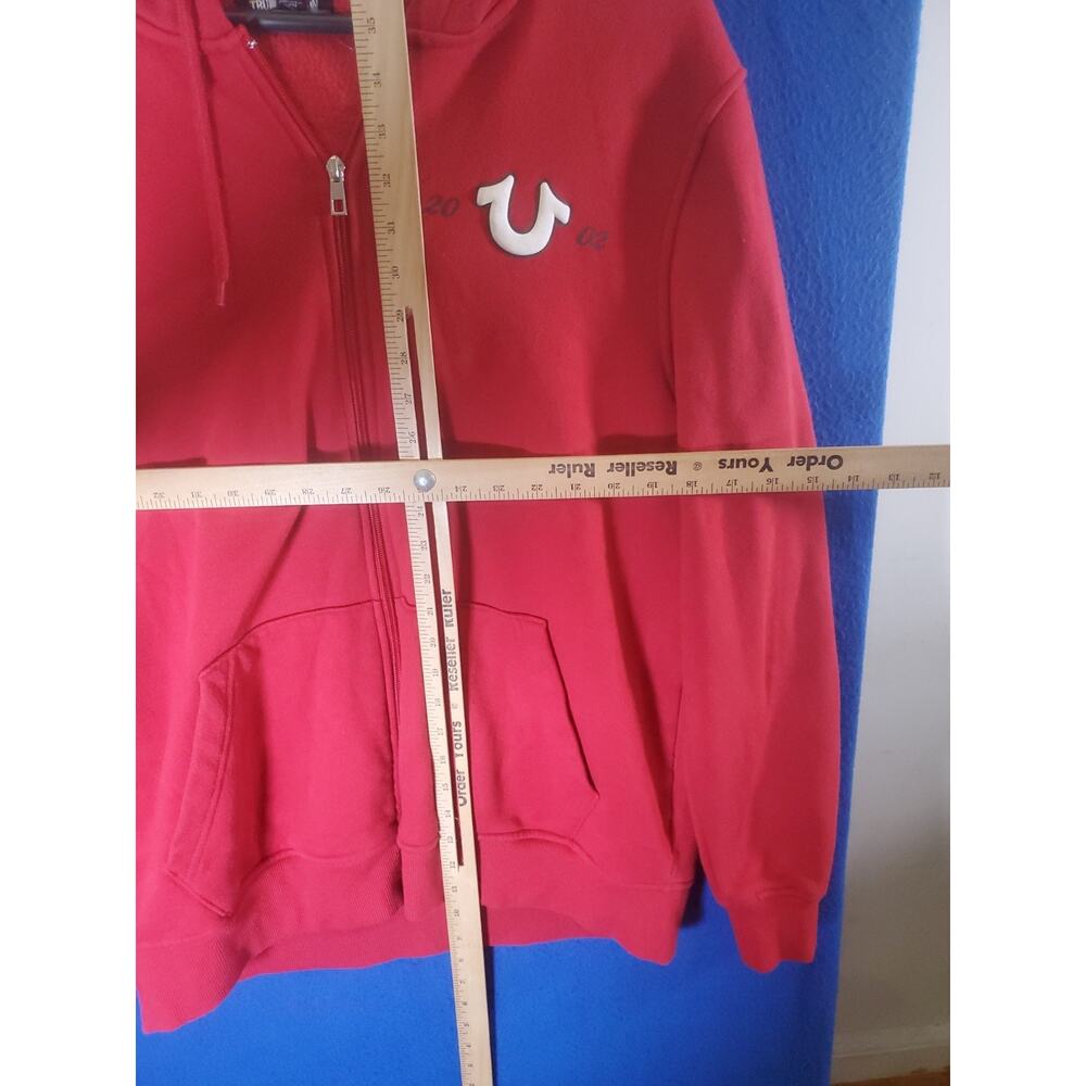 True Religion Men XL Red Buddha Zip Up Hoodie Horseshoe Logo Sweater - Picture 7 of 16